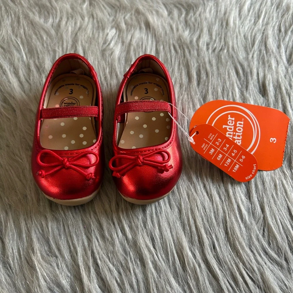 Wonder Nation Bow Ballet Shoes Baby Girls Size 3 Red Mary‎ Jane Slip On NEW